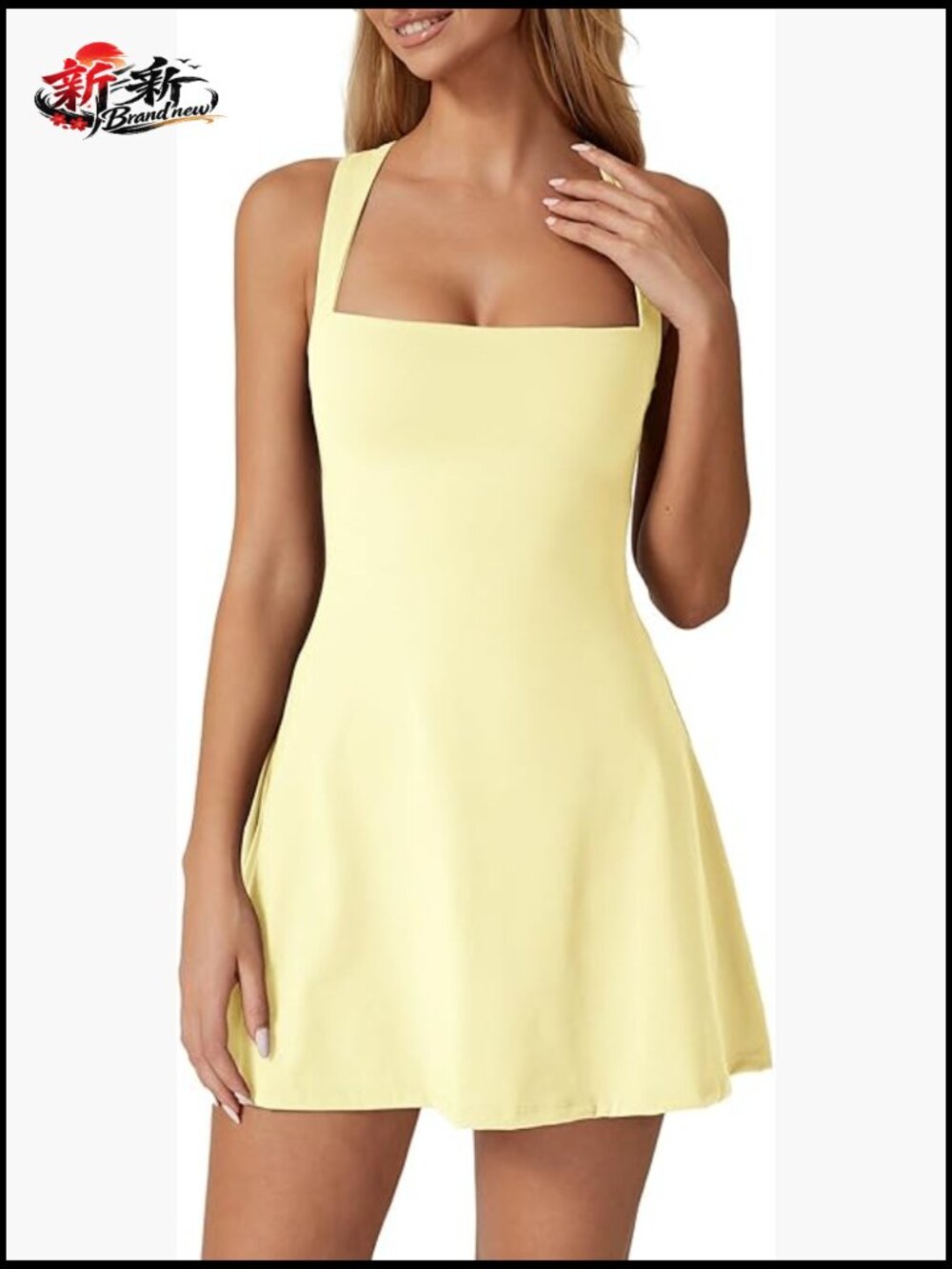 Sleeveless Square Neck Tennis Dress With Built-In Shorts And Pockets